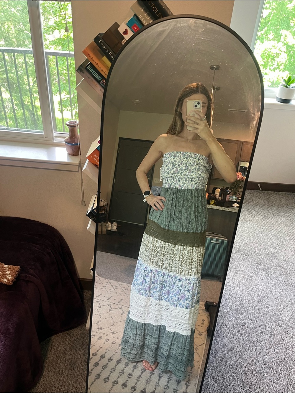 NWT Boho Tiered Strapless Maxi Dress in Sage and Blue